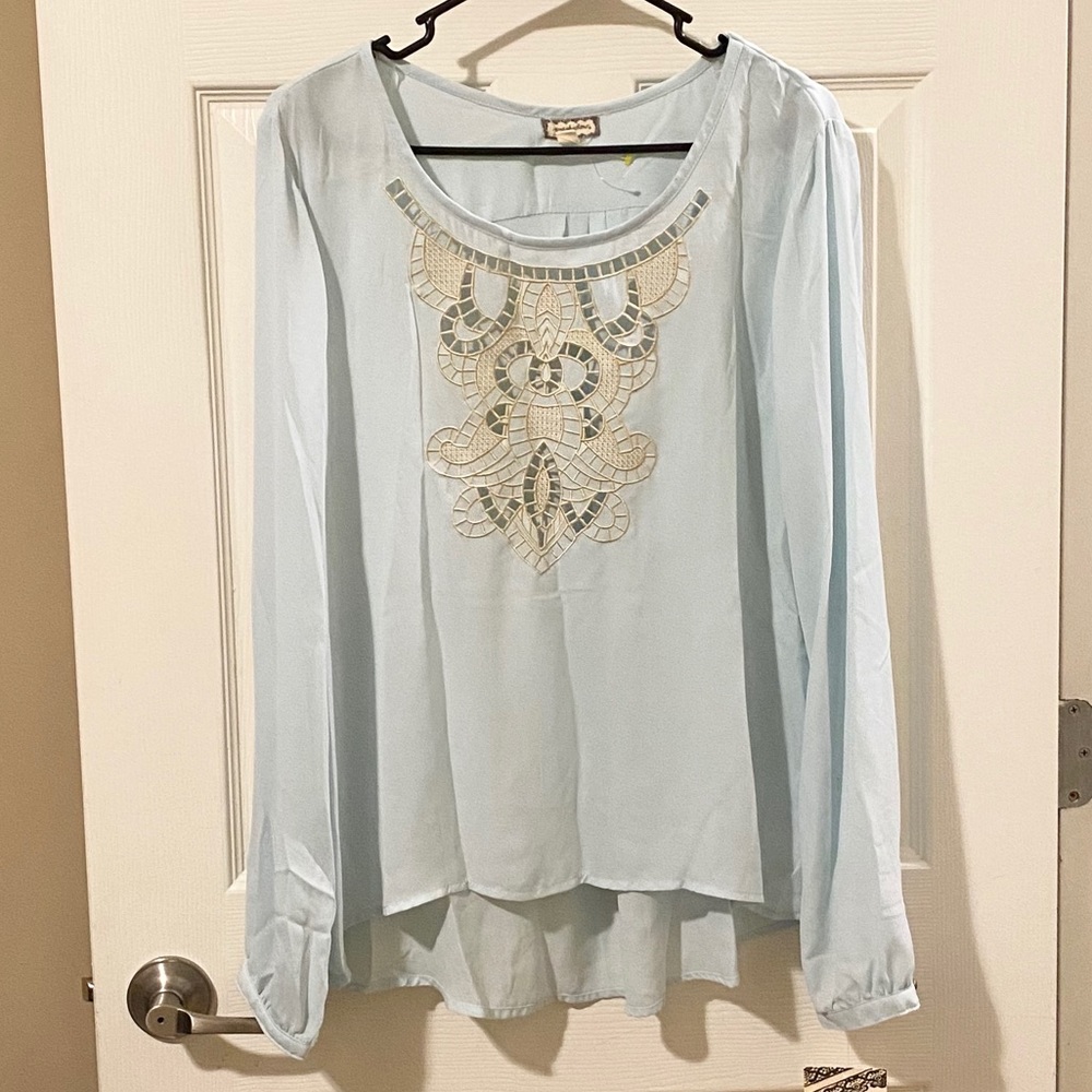 Eyeshadow Bliss Blue Embroidered Cutout Blouse NWT